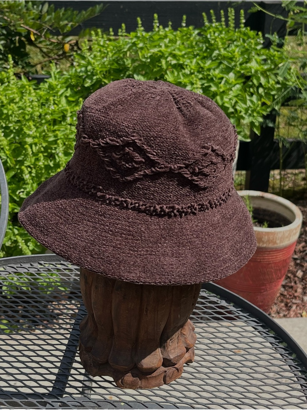 Vintage Cloche Bucket Hat Chenille Knit Floppy Y2K Grunge Muted Brown w/Burgandy
